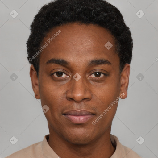 Neutral black young-adult male with short  black hair and brown eyes