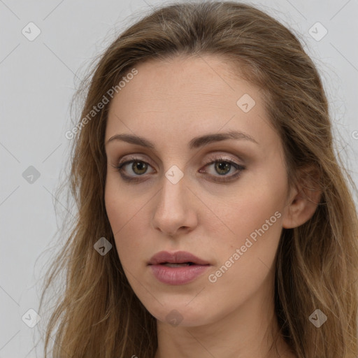 Neutral white young-adult female with long  brown hair and brown eyes