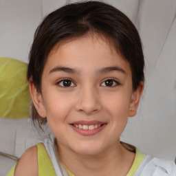 Joyful white child female with medium  brown hair and brown eyes