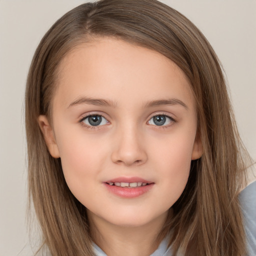 Joyful white child female with long  brown hair and brown eyes