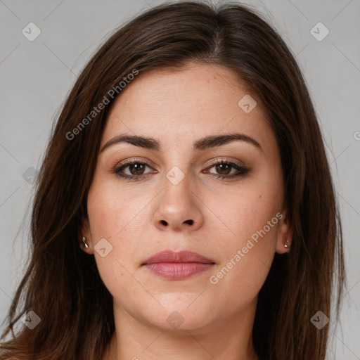 Neutral white young-adult female with long  brown hair and brown eyes