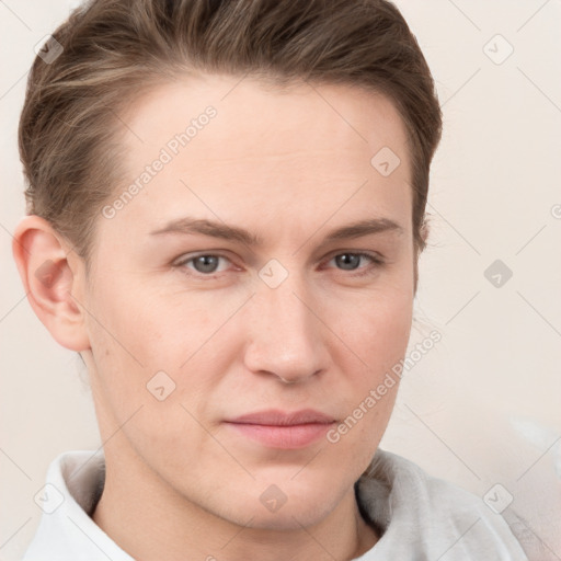 Neutral white young-adult male with short  brown hair and grey eyes