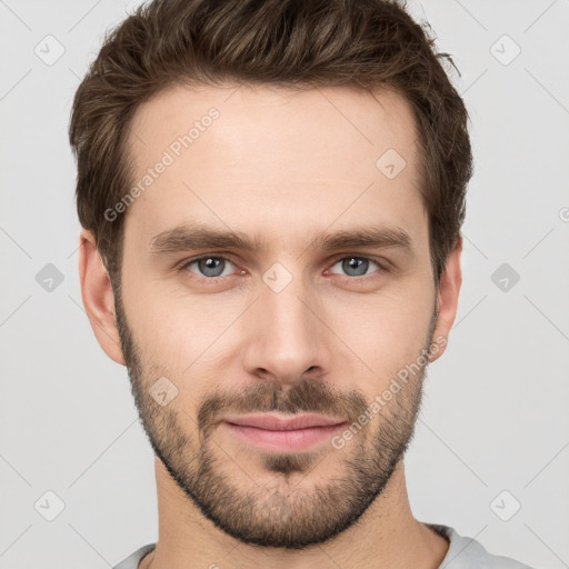 Neutral white young-adult male with short  brown hair and grey eyes