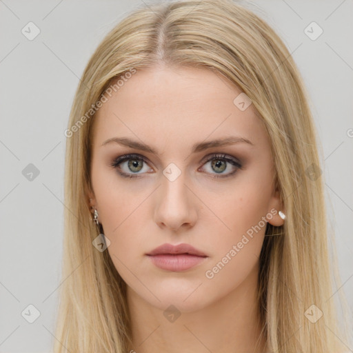 Neutral white young-adult female with long  brown hair and brown eyes