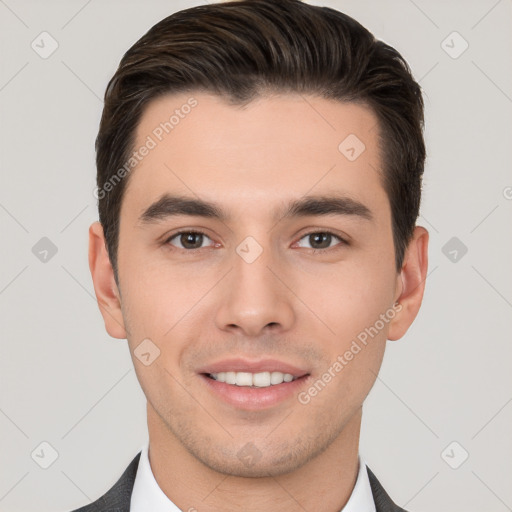 Joyful white young-adult male with short  brown hair and brown eyes