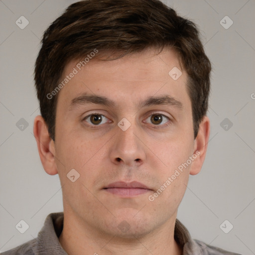 Neutral white young-adult male with short  brown hair and grey eyes