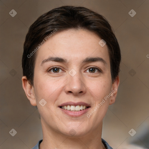 Joyful white young-adult female with short  brown hair and brown eyes