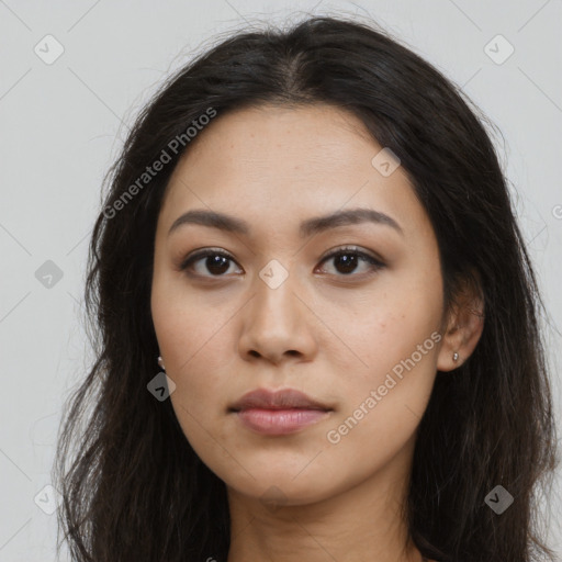 Neutral asian young-adult female with long  brown hair and brown eyes