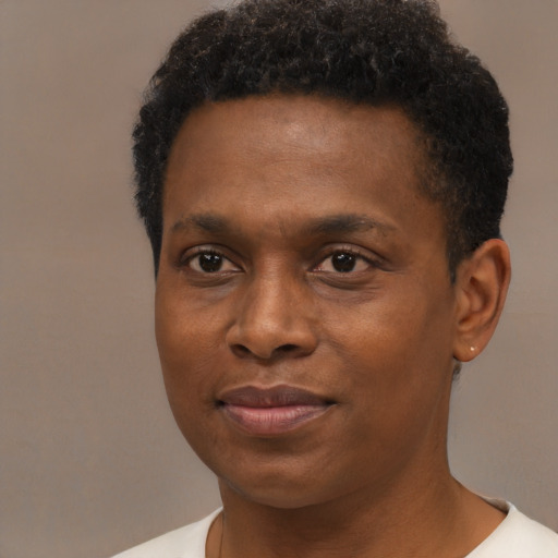Joyful black young-adult male with short  brown hair and brown eyes