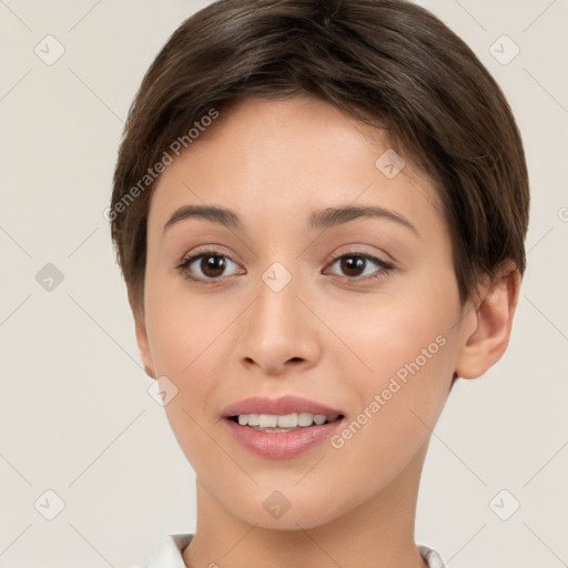 Joyful white young-adult female with short  brown hair and brown eyes