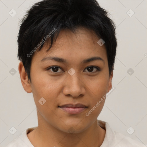 Joyful asian young-adult female with short  brown hair and brown eyes