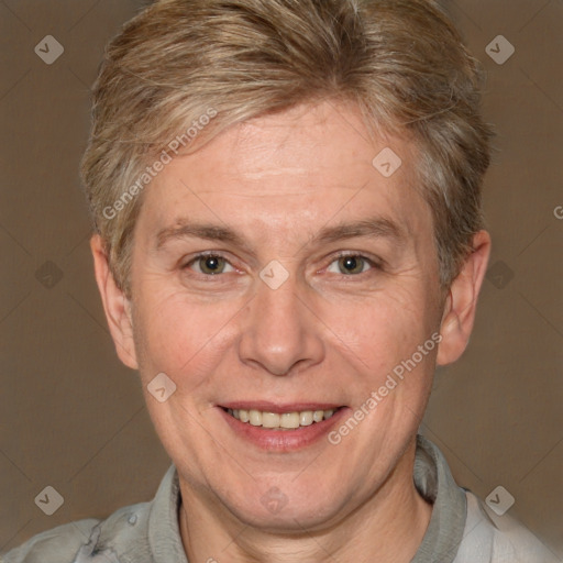 Joyful white middle-aged female with short  brown hair and brown eyes