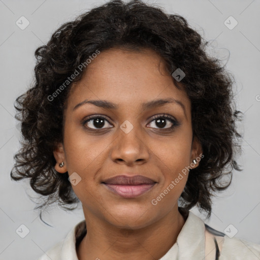 Joyful black young-adult female with medium  brown hair and brown eyes