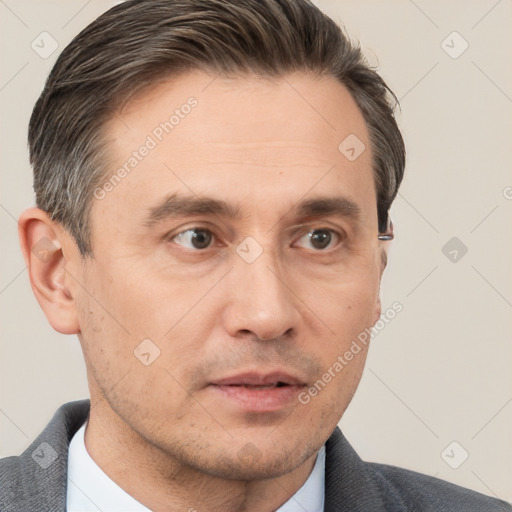 Neutral white adult male with short  brown hair and brown eyes