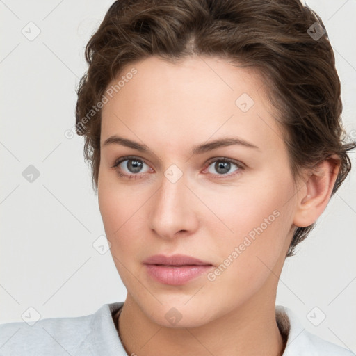 Neutral white young-adult female with short  brown hair and brown eyes