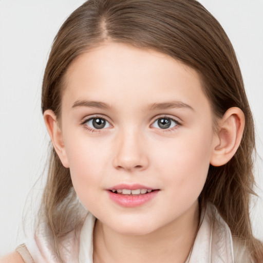 Joyful white child female with medium  brown hair and grey eyes