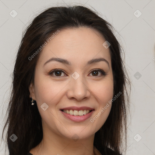 Joyful white young-adult female with long  brown hair and brown eyes