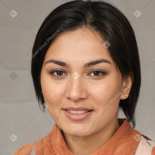 Joyful white young-adult female with medium  brown hair and brown eyes