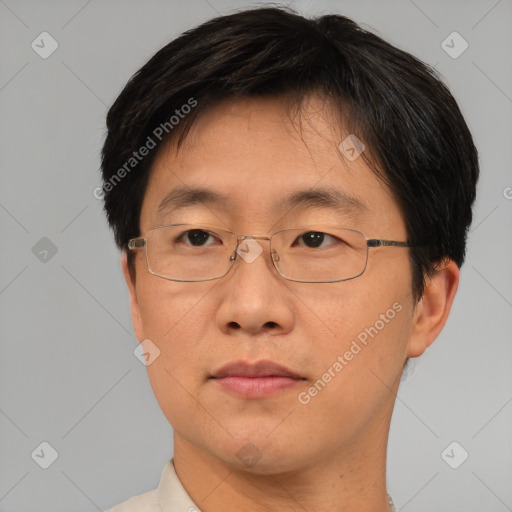 Neutral asian adult male with short  brown hair and brown eyes