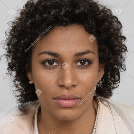 Neutral black young-adult female with medium  brown hair and brown eyes