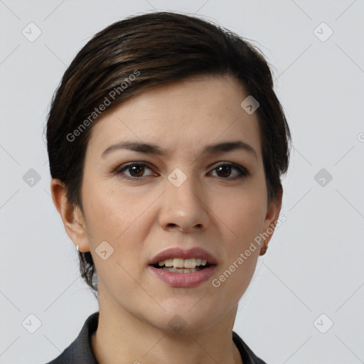 Joyful white young-adult female with short  brown hair and brown eyes