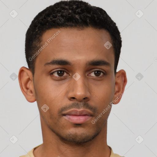 Neutral latino young-adult male with short  black hair and brown eyes