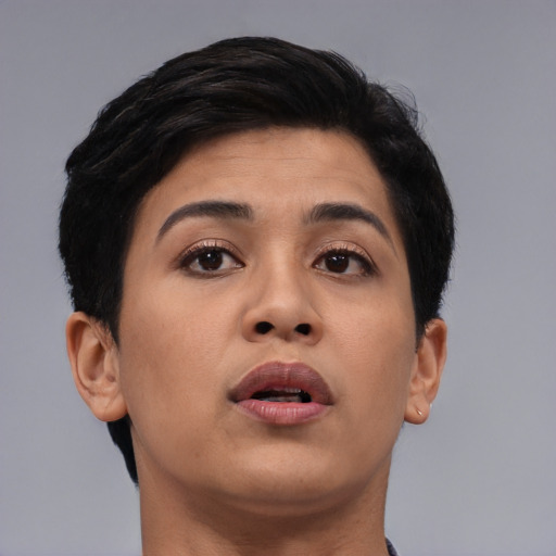 Joyful asian young-adult female with short  brown hair and brown eyes