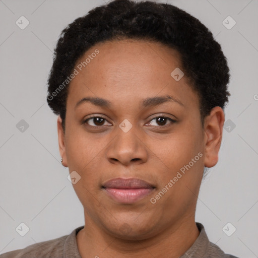 Neutral black young-adult female with short  brown hair and brown eyes