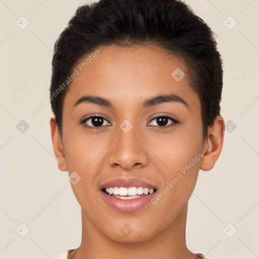 Joyful latino young-adult female with short  brown hair and brown eyes