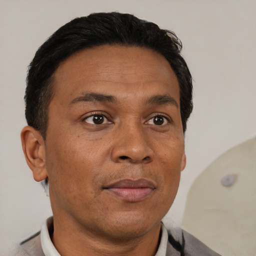 Neutral black adult male with short  brown hair and brown eyes