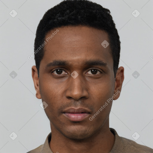 Neutral black young-adult male with short  black hair and brown eyes