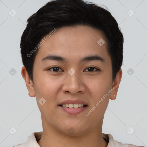 Joyful asian young-adult male with short  brown hair and brown eyes