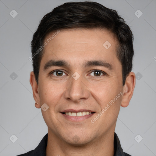 Joyful white young-adult male with short  brown hair and brown eyes