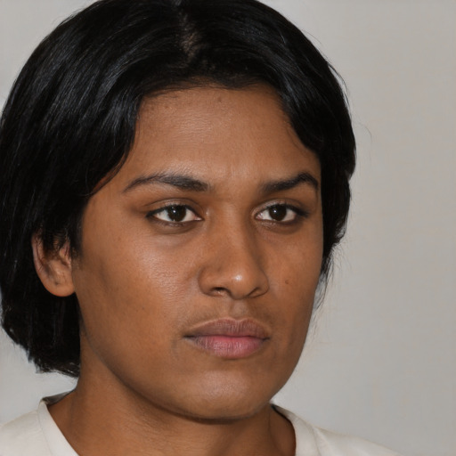 Neutral asian young-adult female with medium  black hair and brown eyes
