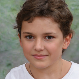 Joyful white child female with short  brown hair and brown eyes