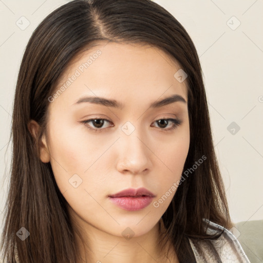 Neutral white young-adult female with long  brown hair and brown eyes