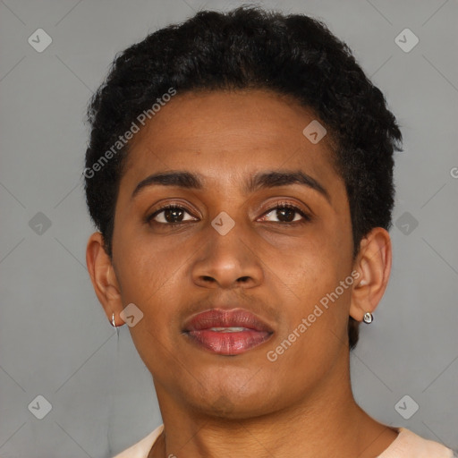 Joyful latino young-adult female with short  brown hair and brown eyes