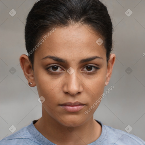 Neutral white young-adult female with short  brown hair and brown eyes