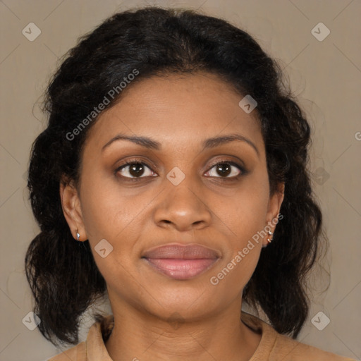 Joyful black young-adult female with medium  brown hair and brown eyes