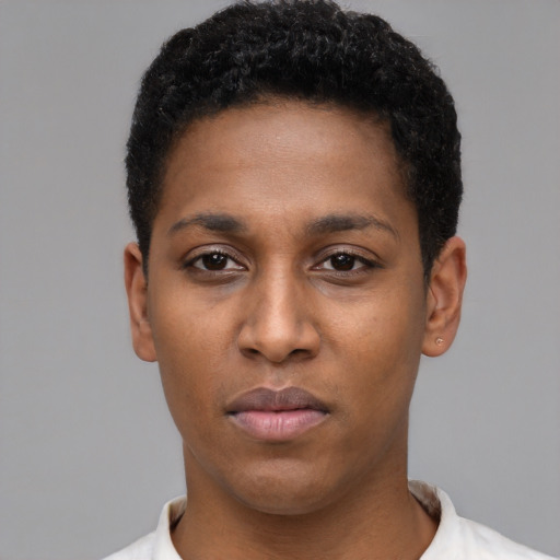 Neutral black young-adult female with short  black hair and brown eyes