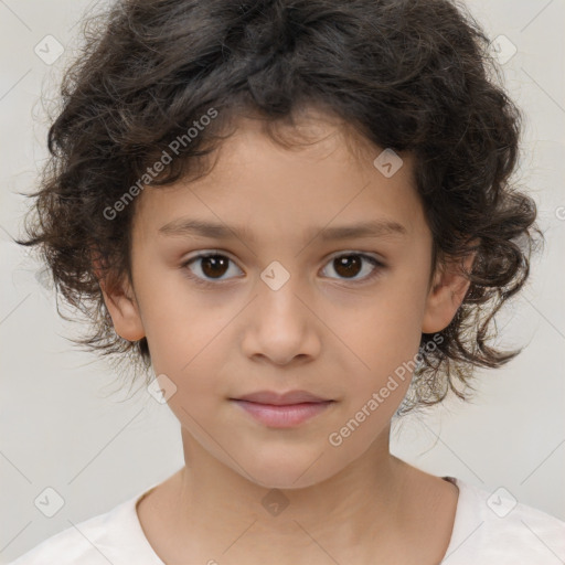 Joyful white child female with medium  brown hair and brown eyes