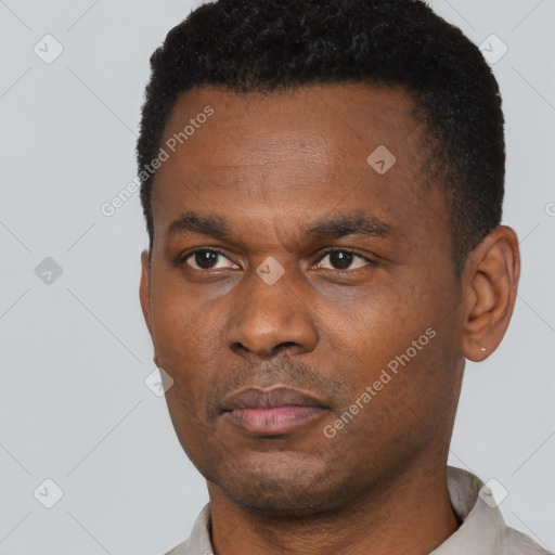Neutral black adult male with short  black hair and brown eyes