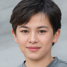 Joyful white child female with short  brown hair and brown eyes