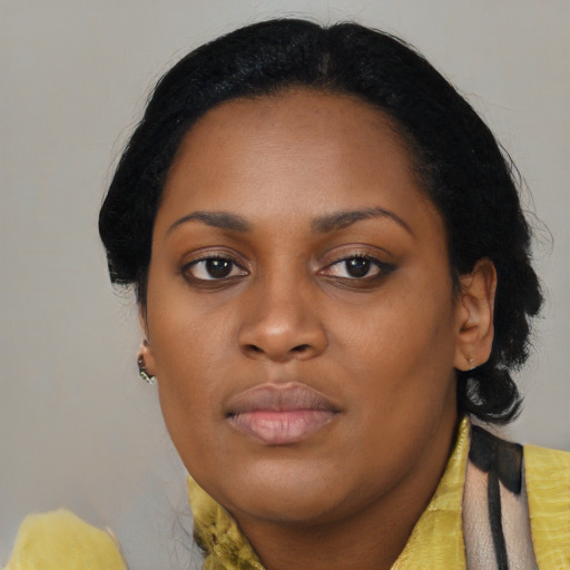 Neutral black young-adult female with medium  black hair and brown eyes