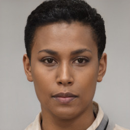 Neutral black young-adult female with short  brown hair and brown eyes