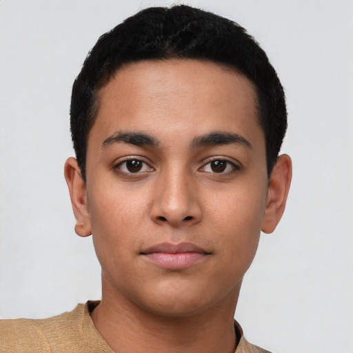 Neutral latino young-adult male with short  black hair and brown eyes