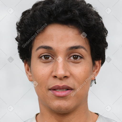 Joyful latino young-adult female with short  brown hair and brown eyes