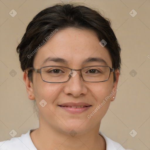 Joyful white adult female with short  brown hair and brown eyes