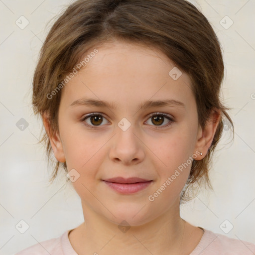 Joyful white child female with medium  brown hair and brown eyes