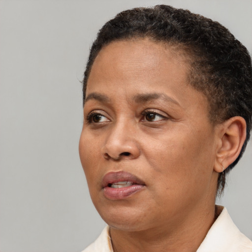 Joyful black adult female with short  brown hair and brown eyes